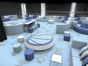 3D event design rendering showing modular lounge furniture layout for a corporate event