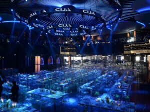 Modern dinner seating for a gala promotional event by Luxe Modern Rentals Toronto