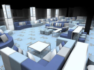 3D event design rendering showing lounge furniture layout for a corporate event