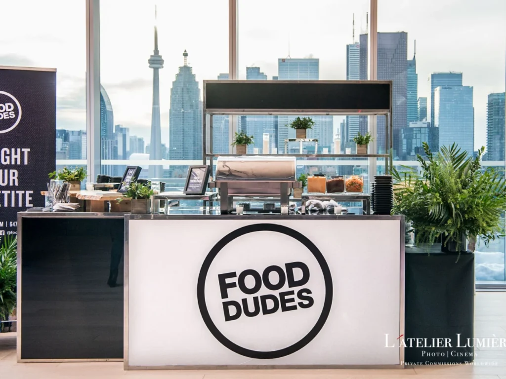 Custom branded Food Dudes catering booth by Luxe Modern Rentals Toronto