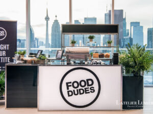 Custom branded Food Dudes catering booth by Luxe Modern Rentals Toronto