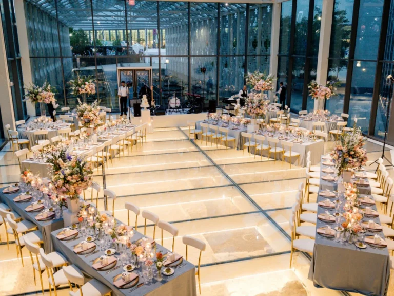 Modern dinner event setup with furniture rentals by Luxe Modern Rentals