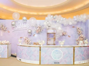 The Bubble Bar custom branded booth by Luxe Modern Rentals Toronto