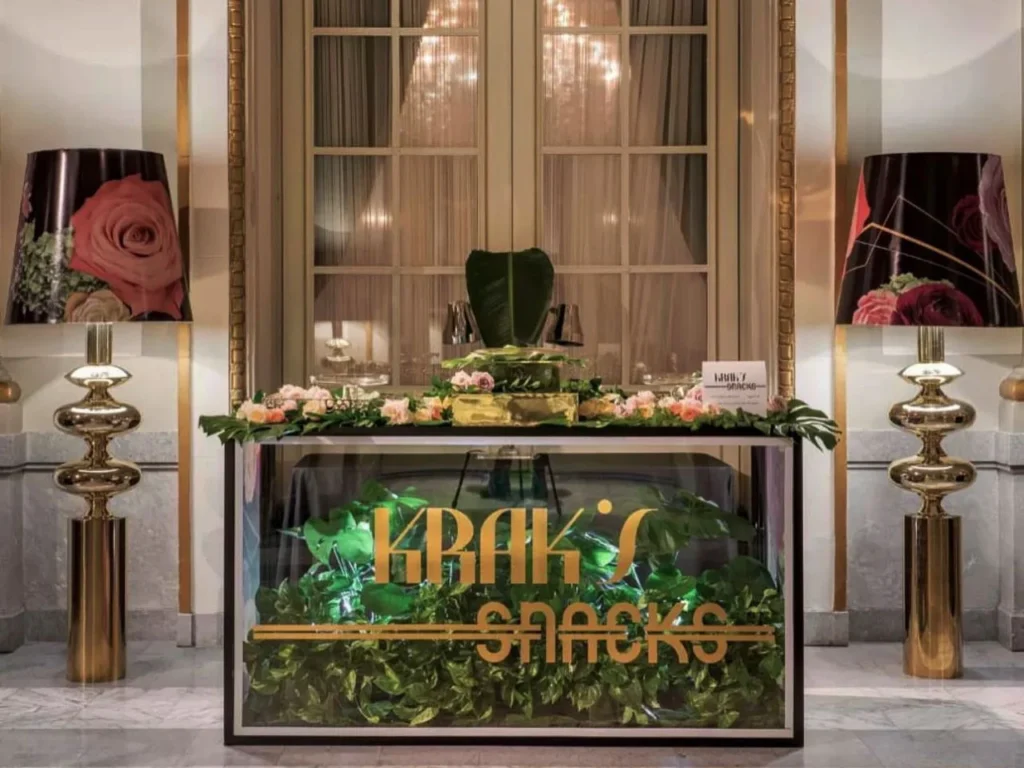 Krak's Snacks branded reception table by Luxe Modern Rentals Toronto