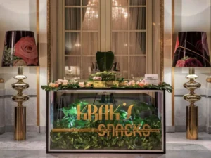 Krak's Snacks branded reception table by Luxe Modern Rentals Toronto
