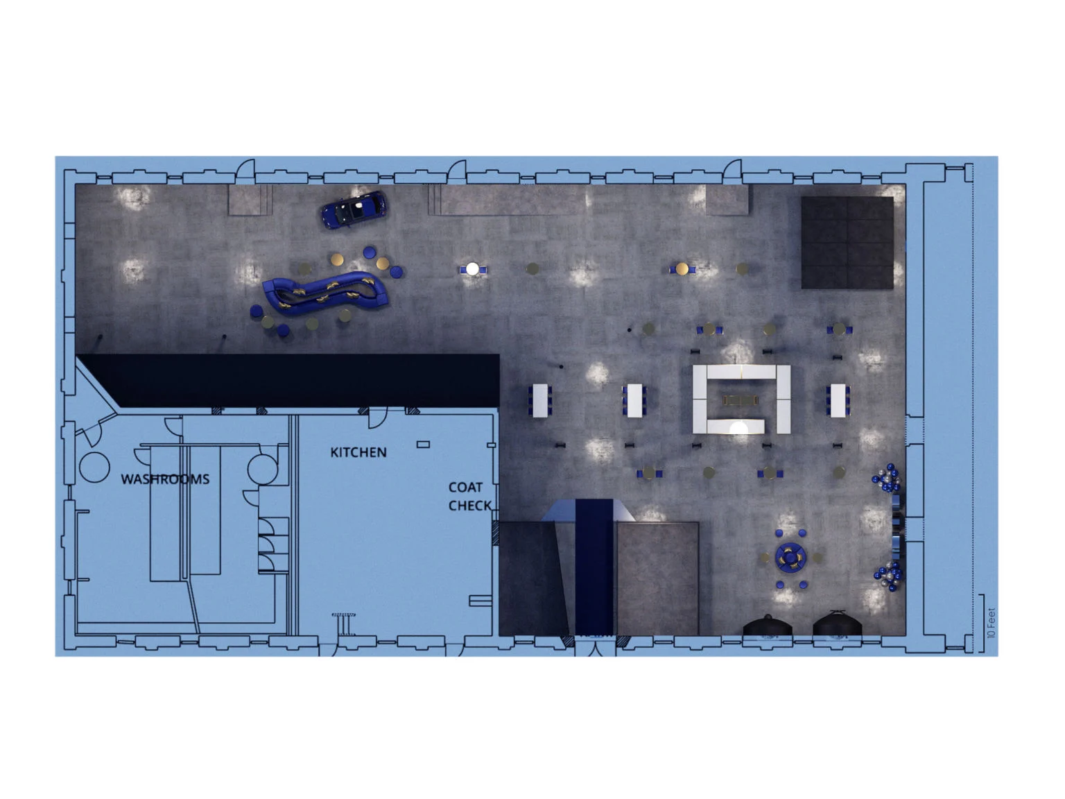 3D rendering floorplan showing the furniture layout for an event in a loft space