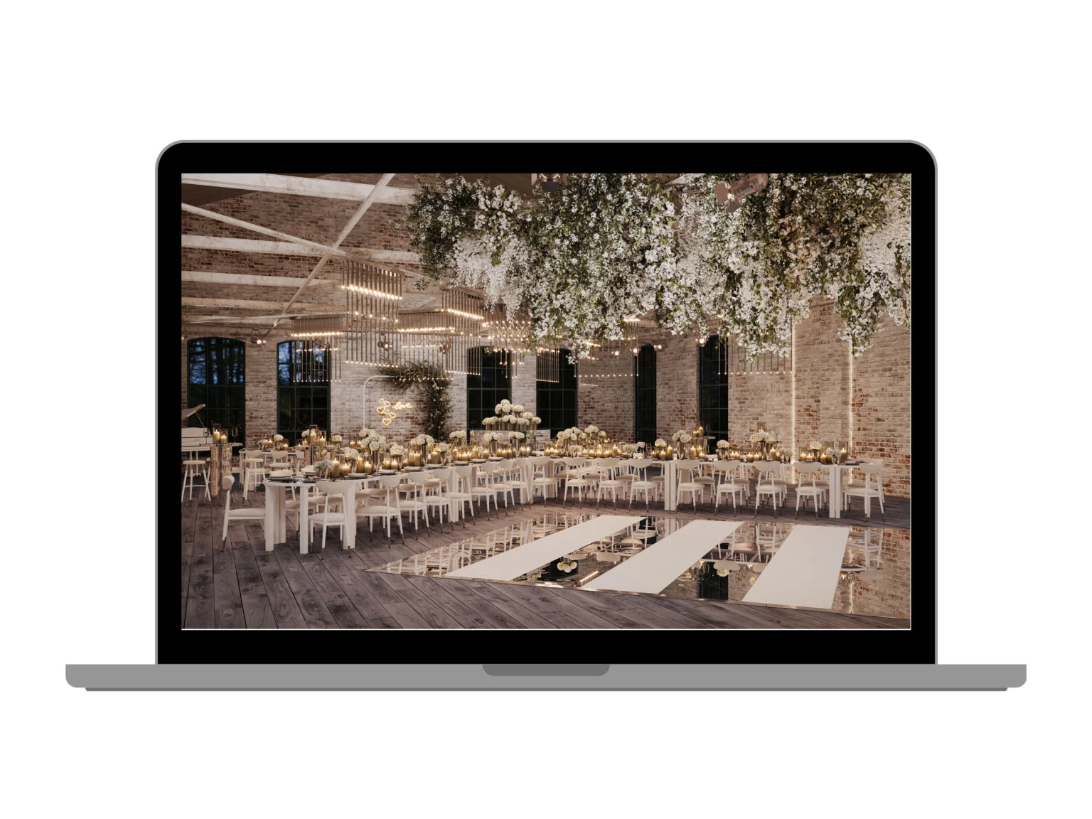 Graphic design for a wedding reception event displayed on laptop